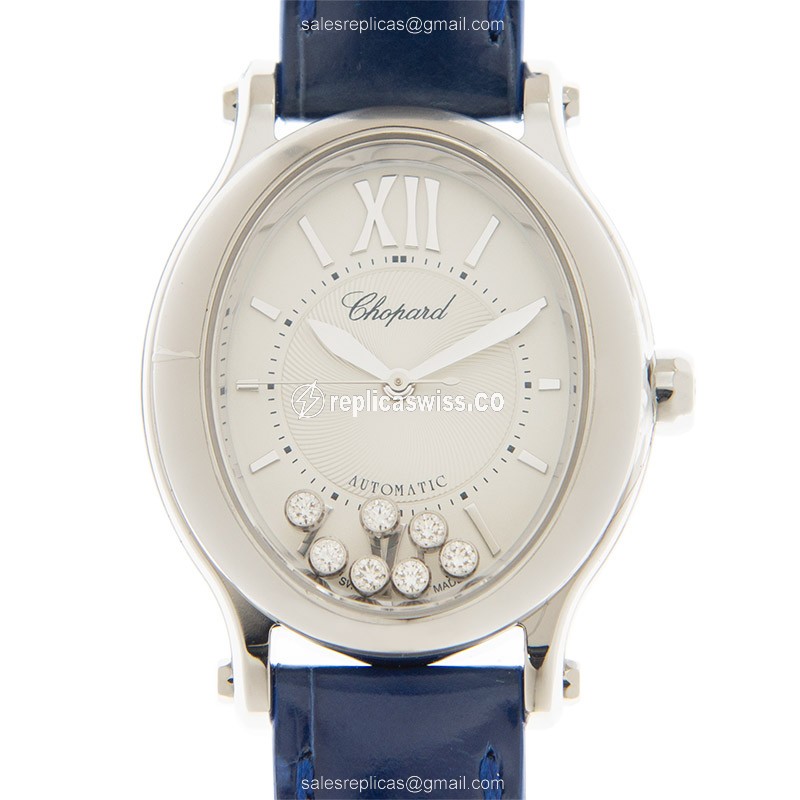 Chopard Happy Sport Replica - Automatic - Steel Case - White Dial - Blue Alligator Strap